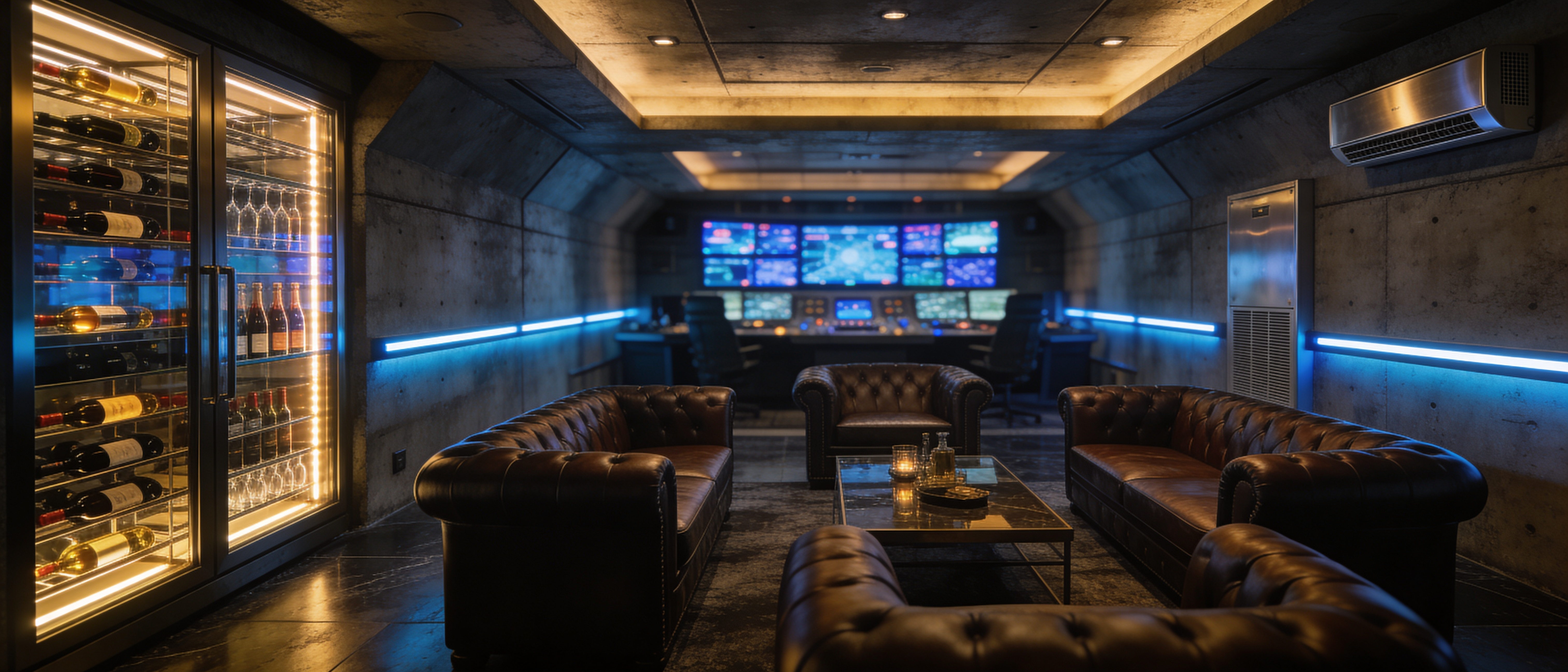 High-end underground bunker with command monitors, leather seating, and vault door